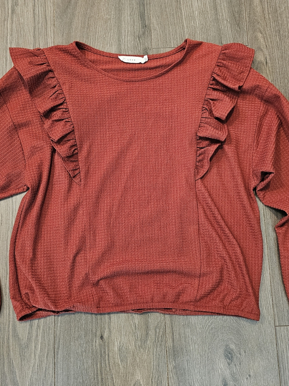 Lush Rust Ruffle Shoulder Waffle-Knit Pullover